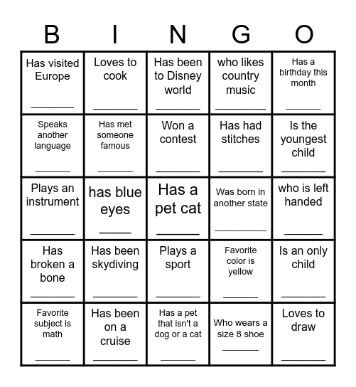 Human Scavenger Hunt Bingo Card