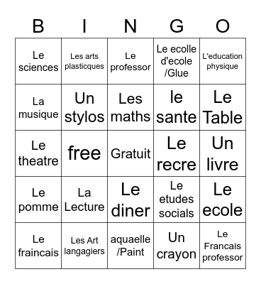 French-Ecole Bingo Card