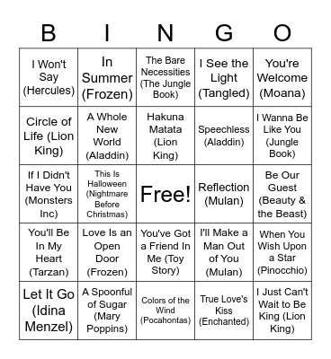 Disney Bingo Card