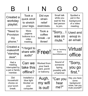 Work From Home Bingo Card