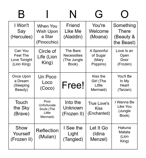 Disney Bingo Card