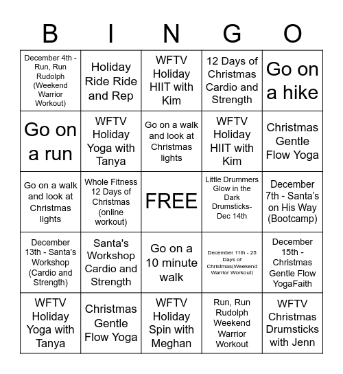 Whole Fitness Christmas Bingo Card