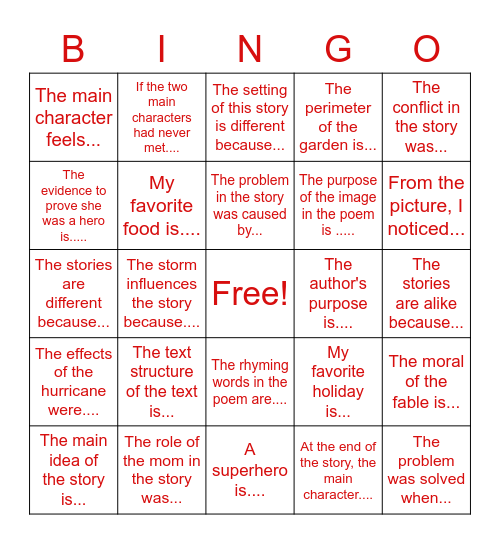 Restating the Question Bingo Card