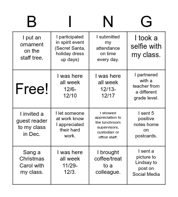 Staff Christmas Bingo Card