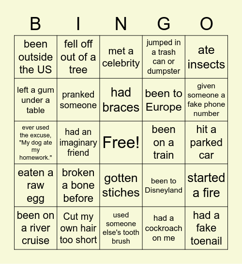 Never Have I Ever... Bingo Card