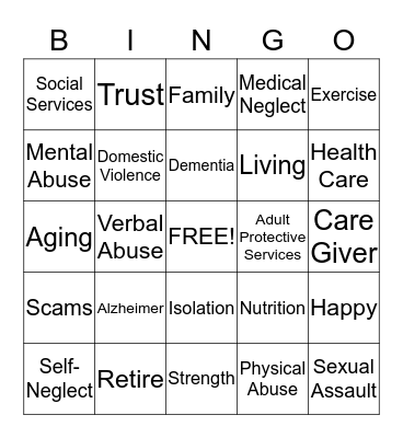 ABUSE IN LATER LIFE AWARENESS AND PREVENTION Bingo Card