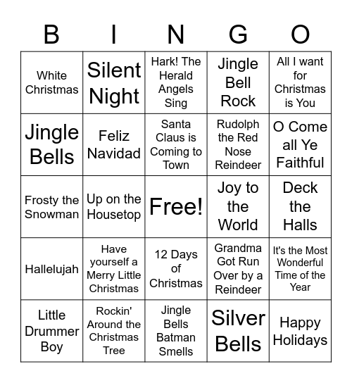 Christmas Song Bingo Card