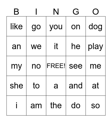 Sight Words Bingo Card