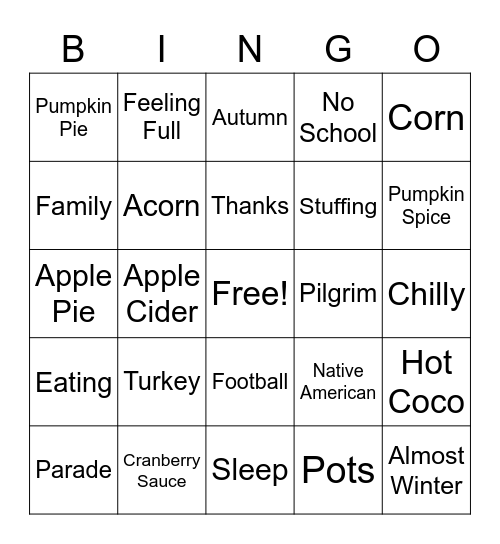 Thanksgiving Bingo Card