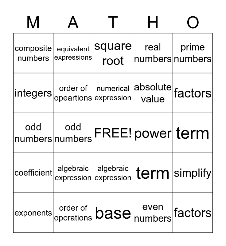 MATH VOCABULARY Bingo Card