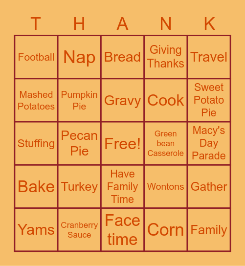 Thanksgiving Thank Bingo Card