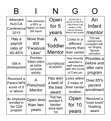 Find a Center that or with: Bingo Card