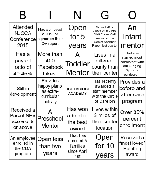 Find a Center that or with: Bingo Card