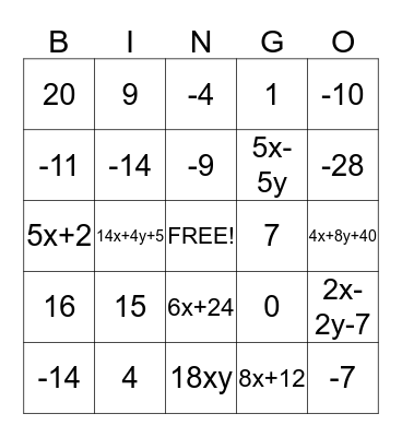 First half Algebra Bingo Card