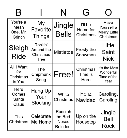 Holiday Music Bingo Card