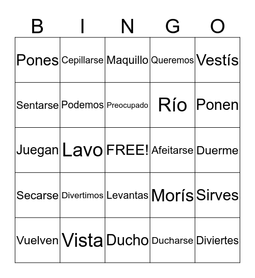 Present Tense Verbs Bingo Card