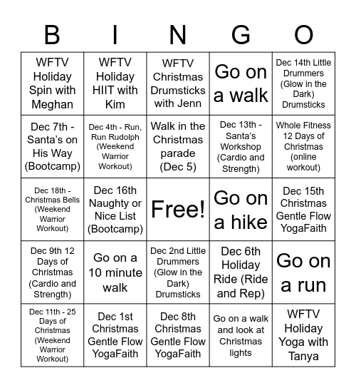 Whole Fitness Christmas Bingo Card