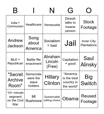 Dinesh D'Souza Movie Night Bingo Card