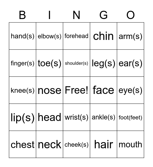 Parts of the Body (words) Bingo Card