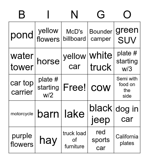 Utah Trip Bingo Card