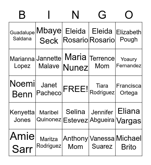PARENTS NAMES BINGO Card