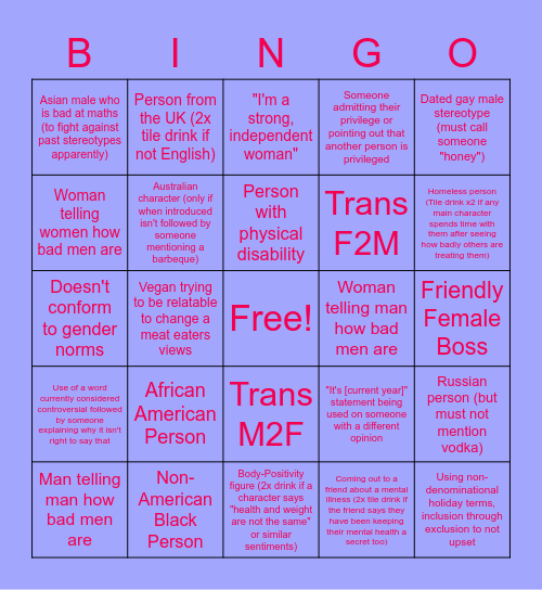 Diversity in Shows and Movies Drink Up Bingo Card