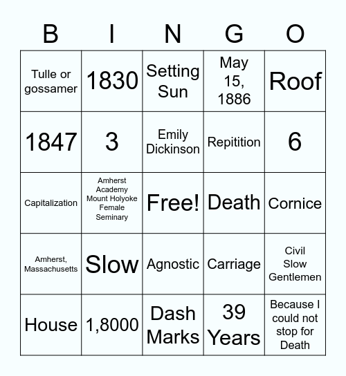 Emily Dickinson Bingo Card