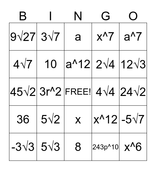 Simplifying Square Roots and Expressions with Exponents Bingo Card