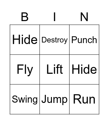 Superhero Actions Bingo Card