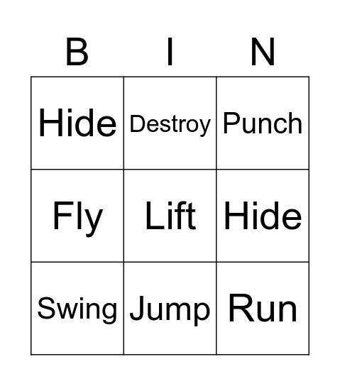 Superhero Actions Bingo Card