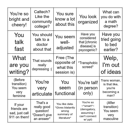 Things Therapists Have Said to Me Bingo Card