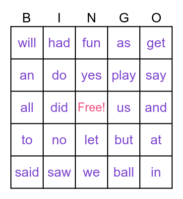 Sight Word Bingo Card