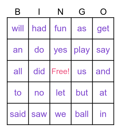 Sight Word Bingo Card