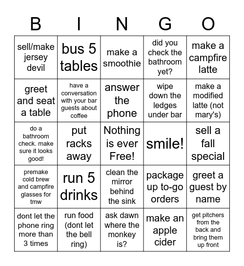 Barista Bingo Card