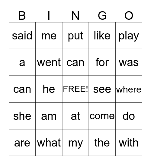 Sight Words Group 2 Bingo Card