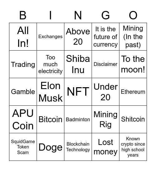 APU CryptoBro Bingo Sheet Bingo Card