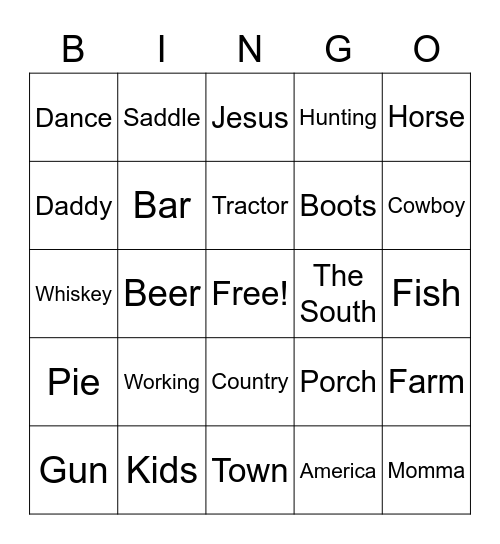 Country Song Bingo Card