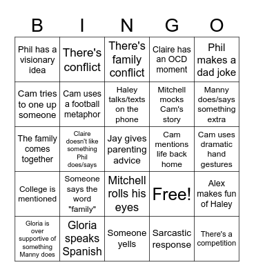 Modern Family Thanksgiving Bingo Card