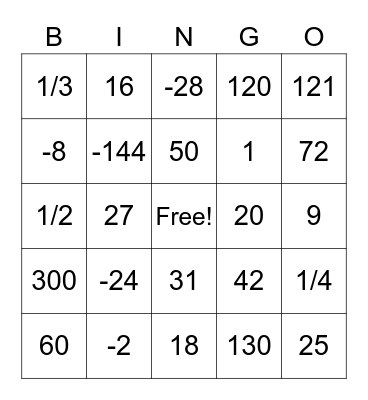 7th Grade Math Facts BINGO Card