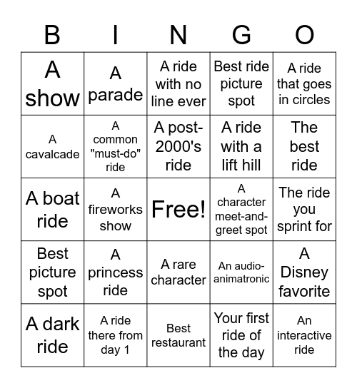 California Adventure Bingo Card