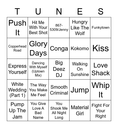 80's Hits Bingo Card