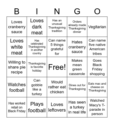 THANKSGIVING Bingo Card