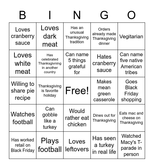 THANKSGIVING Bingo Card