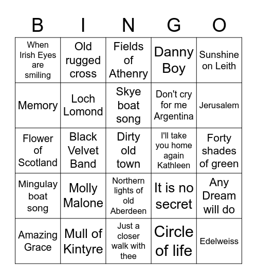 Musical Bingo Card