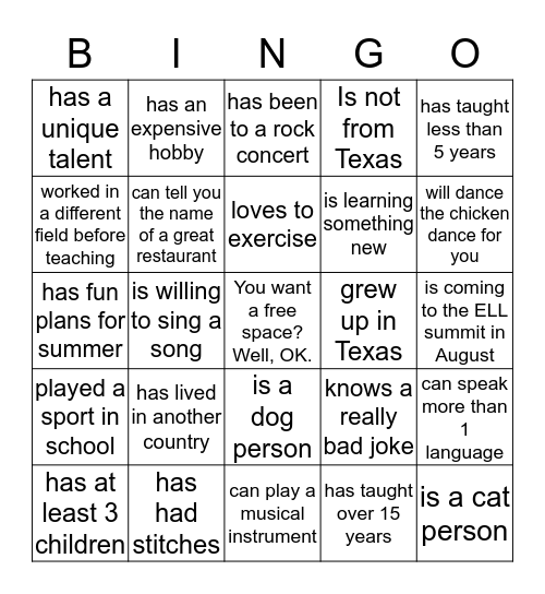 Find someone who...  Bingo Card