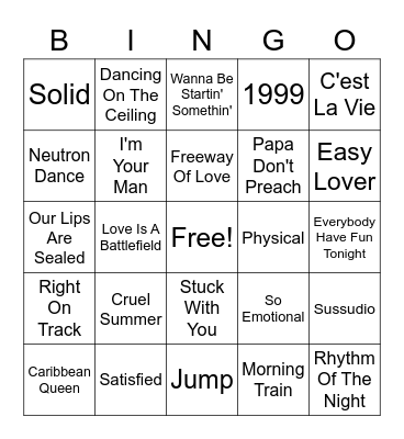 80s Hits Bingo Card
