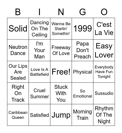 80s Hits Bingo Card