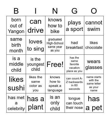 Get to Know You BINGO Card