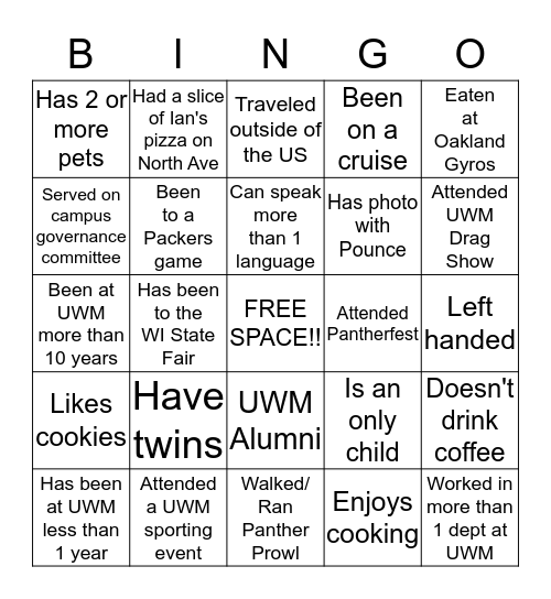 Academic Staff Meet and Greet Bingo Card