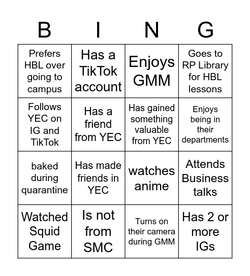 YEC GMM Bingo! Bingo Card